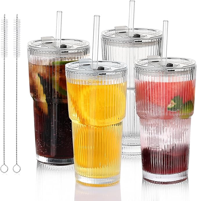 Glass Cups with Lids and Straws - 18oz Glass Tumbler with Straw and Lid, Premium Coffee Cups for Tea, Iced Coffee, Smoothie，Ideal Gift for Home, Office, 4 Pack
