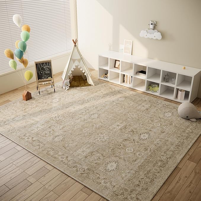 Washable Living Room Area Rugs: 5'x7' Bedroom Rug Boho Stain Resistant Tribal Distressed Vintage Accent Rug Non Slip Low Pile Faux Wool Soft Rugs for Indoor Dining Room Kitchen Bedside Nursery Office