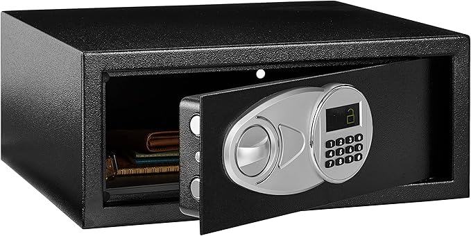 Amazon Basics Steel Security Safe and Lock Box with Digital Keypad, Electronic Lock, Emergency Key Open, Secure Cash, Jewelry, Documents, Black, 0.7 Cubic Feet, 16.9-x-14.6-x-7.1-inches (WxDxH)