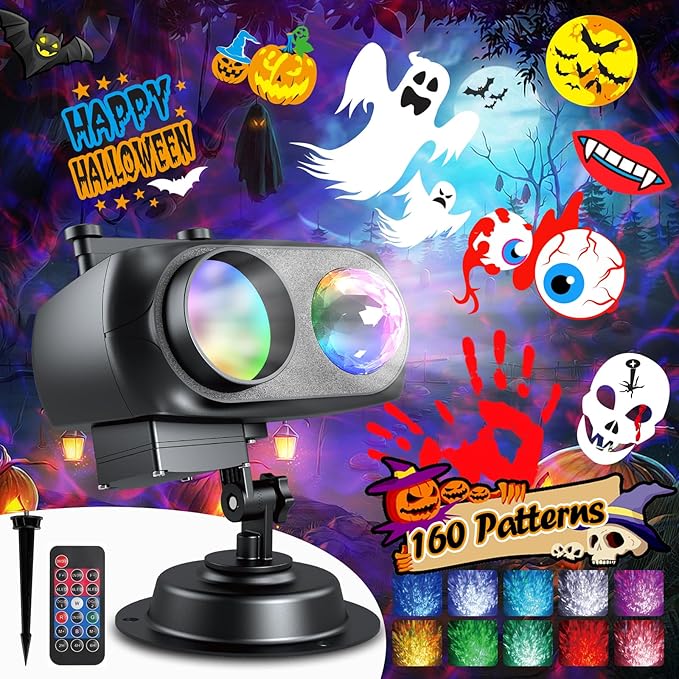 8-Pattern Halloween Projector Lights Outdoor, Anysun Brighter 160 HD Patterns Halloween Decor, 2-in-1 Ocean Wave Snowflake Christmas Projector Waterproof with Timer for Garden Party Landscape Show