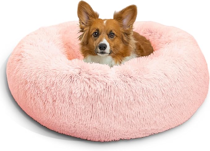 Best Friends by Sheri Original Calming Donut Dog and Cat Bed, Shag Faux Fur, Cotton Candy Pink, (30in x 30in) - Anxiety Relief for Pets Up to 45 lbs