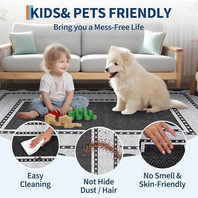 GarveeHome Washable Area Rug 10x13 Modern Border Neutral Print Pattern Large Solid Rugs, Low Pile Non Slip Stain-Resistant Soft Carpet, Perfect for Living Room, Bedroom, Kids Room, Nursery, Black Grey