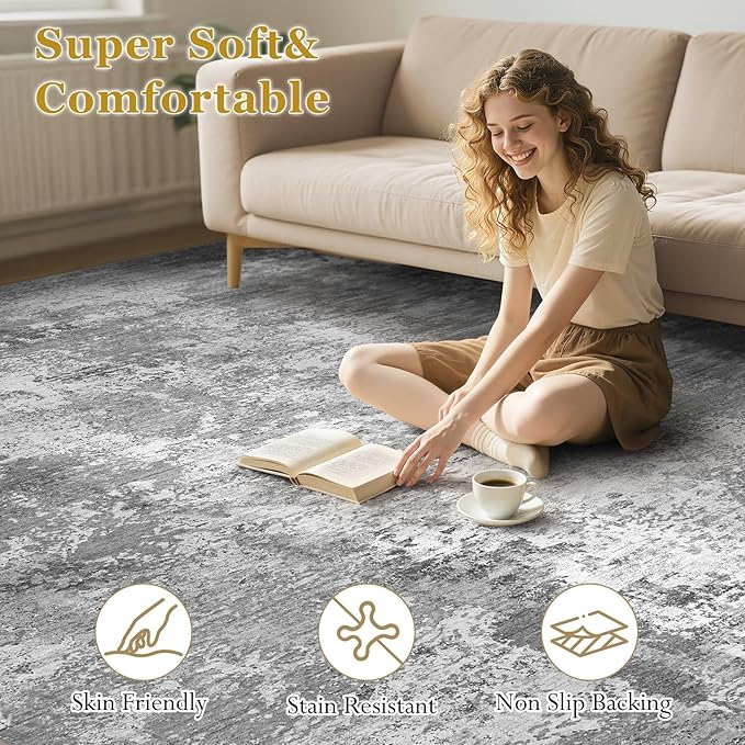 Area Rugs for Living Room: 6x9 Abstract Washable Rug Modern Neutral Large Soft Stain Resistant Non-Slip Backing Machine Table for Bedroom Dining Room Indoor Home Office Carpet - Light Grey