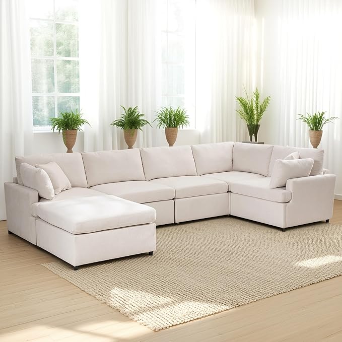 100 Inch U-Shaped Modular Convertible Sectional Sofa with Removable Ottoman and Pillows, Oversized 6 Seater Upholstered Corner Couch for Living Room, Office, Spacious Space, Beige