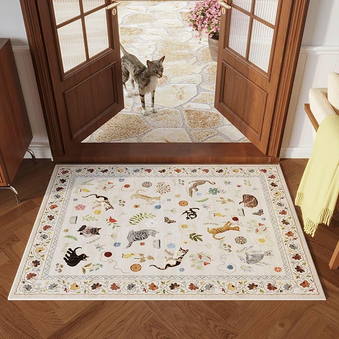 Rugcomf Door Mat Indoor Entrance 2x3 Rug Machine Washable Boho Floral Animal Cat Small Area Rug Non-Slip Low Pile Throw Rugs for Entryway Kitchen Front Door Indoor Entrance Entry Kids Room, Beige