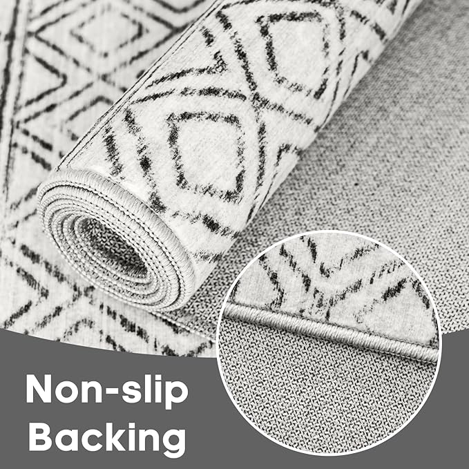 Moroccan 3x8 Runner Rug Hallway: Washable Farmhouse Runners - Non Slip Low Pile Soft Kitchen Rugs - Modern Indoor Floor Neutral Carpet for Bedroom Entryway Laundry 3x8 Geo Grey