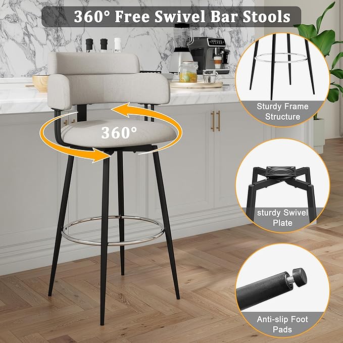 Swivel Bar Stools Set of 2, Counter Height Bar Stools with Ergonomic Full Back, Upholstered Linen Fabric Barstools with Chrome Metal Footrest for Kitchen Island, Dining Room