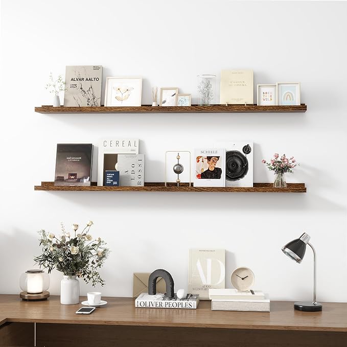Picture Ledge Shelf, Wood Long Floating Shelves for Wall, Set of 2, 56 inch Picture Ledge Shelves, Photo Ledge Nursery Book Shelves Wall Mounted for Living Room Kids' Room Bedroom, Color Brown