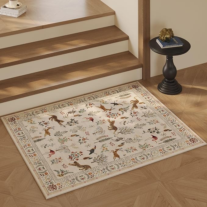 Rugcomf Door Mat Indoor Entrance 2x3 Rug Machine Washable Boho Floral Animal Small Area Rug Non-Slip Low Pile Throw Rugs for Entryway, Kitchen, Front Door Indoor Entrance, Entry, Kids Room (Beige)