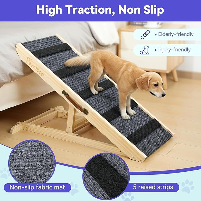 Large Dog Ramp for Bed Couch, Extra Wide Portable Wooden Pet Ramp, 4 Adjustable Height from 11.6'' to 22.4'', Pet Step for Small Medium Dog Cat with Non-Slip Mat, Up to 143lbs, Use for Car Couch Bed