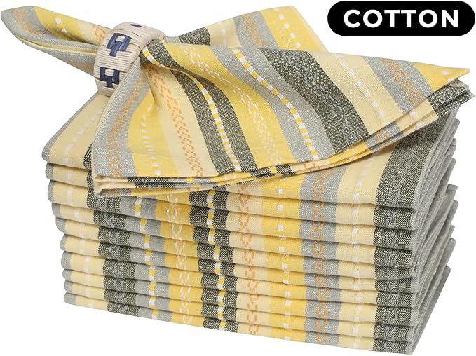 Cloth Napkins Set of 12 – 100% Cotton Dinner Napkins 18x18 Inch – Yellow Multi Color, Machine Washable, Reusable – Ideal for Weddings, Parties, Restaurants