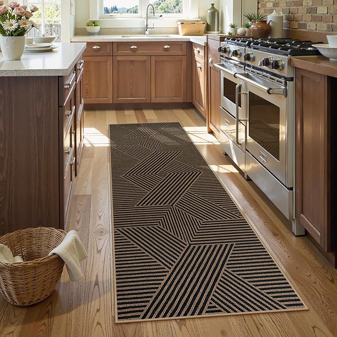 Lahome Modern Geometric Runner Rug, 2x6 Washable Rug Runners for Hallways Non Slip, Black Outdoor Carpet with Rubber Backing, Farmhouse Non Shedding Kitchen Mats for Floor Entryway