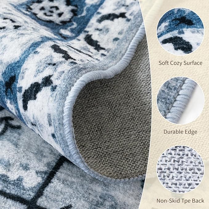 LBRO2M Boho Area Rug 5X7 Washable Rugs for Bedroom Low Piles Indoor Rugs, Non Slip Soft Carpet for Living Room, Dining Room, Blue Rug Foldable Pet Friendly Area Rugs Stain Resistant (5'X7' Light Blue)