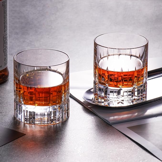 KAMMAK Crystal Whiskey Glasses Set of 2, Luxury 7.78oz Old Fashioned Glasses Stemless, Hand Blown Cocktail Glasses, Handcrafted Cut Scotch Cup for Women, Men Gift for Bourbon Barware, Home Bar