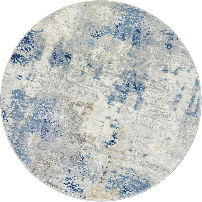 Lahome Washable Round Rug 5Ft, Blue Modern Abstract 5x5 Circle Rugs for Living Room Bedroom, Soft Contemporary Large Indoor Carpet for Kitchen Apartment Basement Home Office