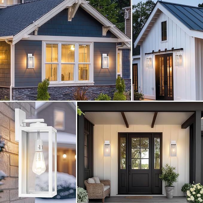 16-inch Large Outdoor Wall Light Fixture, White Exterior Wall Lantern Waterproof, Farmhouse Porch Sconce Lighting with Glass, Modern Outside Lights for House, Garage, Patio Lamp, 2 Packs