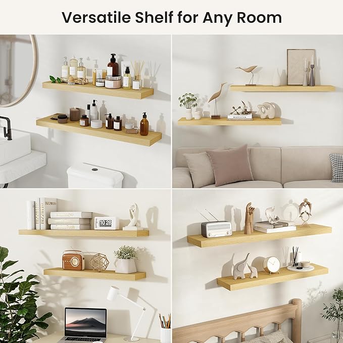 Fun Memories Rustic Wood Floating Shelves for Wall, Space-Saving Wall Mounted Shelves for Bathroom, Bedroom, Living Room and Kitchen, Stylish Storage & Display (Set of 2, Oak, 24 in)