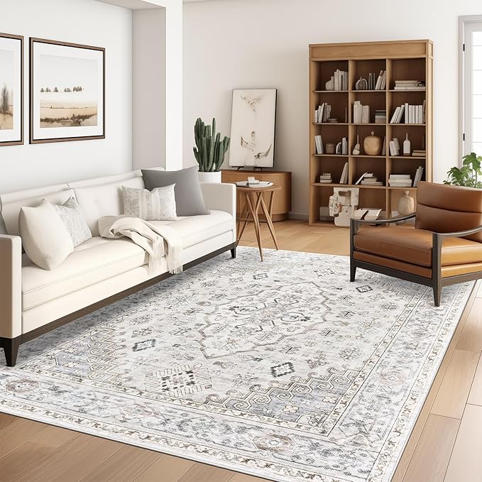6x9 Area Rugs for Living Rooms, Stain Resistant Neutral Washable Rugs for Dining Rooms, Floral Vintage Non-Slip Thin Large Size Area Rug(Light Grey)
