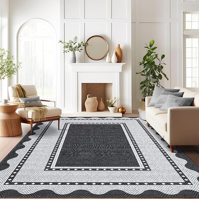 GarveeHome Washable Area Rug 10x13 Modern Border Neutral Print Pattern Large Solid Rugs, Low Pile Non Slip Stain-Resistant Soft Carpet, Perfect for Living Room, Bedroom, Kids Room, Nursery, Black Grey