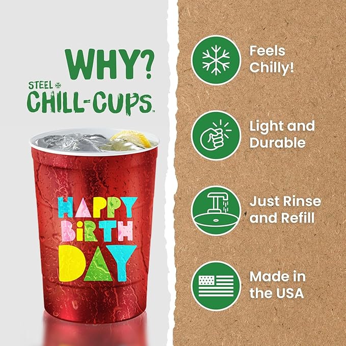 16 oz. Party Cups 'Happy Birthday' Balloon Design for Cold Drinks, Durable, Disposable, Recyclable, Made in USA, Red, 12 Count