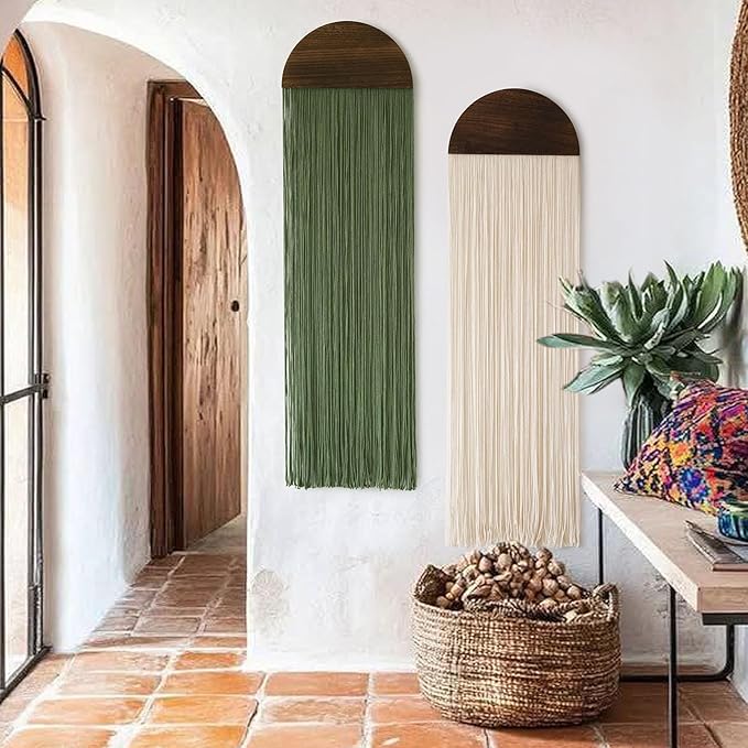 Flber 2 Pcs Macrame Wall Hanging Boho Decor Wall Tapestry Handmade Round Tassel 13.7" W x 51" L For Living Room Bedroom Headboard Decor