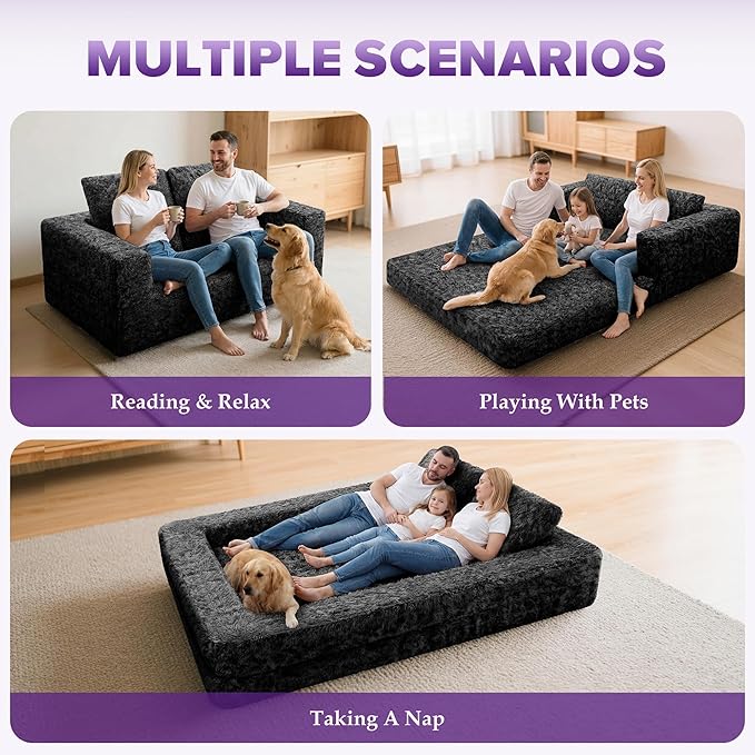 HABUTWAY Convertible Sofa Bed,3-in-1 Folding Futon Sofa Bed with Pillow, Foldable Sleeper Sofa Bed with Removable Cover,Plush Boneless Floor Chair Couch Lounge for Living Room,(King,Black)