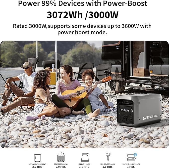 DABBSSON 3000L Solar Generator, 3072Wh Semi-Solid LiFePO4, 3000W AC Output×6,TT-30×1 for Charging RV,P-Boost 3600W, Compact Lightweight, 1.3X Runtime,0-80% 1.5H,Portable Power Station for Camping/Home