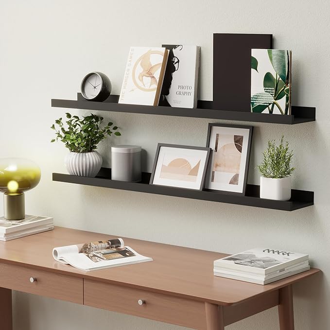 35.4 Inches Long Floating Shelves Wall Mounted, 2 Set Modern Black Wall Shelf for Bedroom, Nursery Book Shelf with Lip, Picture Ledge Shelf for Decor Living Room Bathroom Kitchen- Black