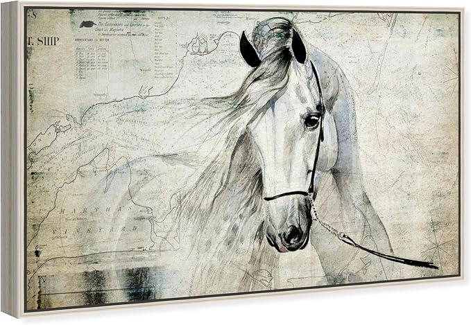 Country Farmhouse Canvas Print Painting Animal Wall Art 'Southern White Horse' Champagne Framed Canvas Rustic Home Décor 30x20 in Gray, Brown by Oliver Gal