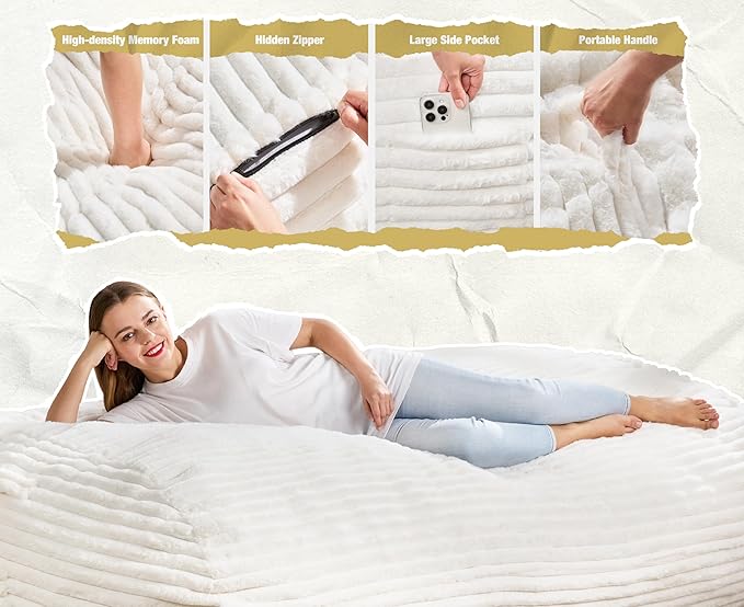 Hobestluk 6FT Bean Bag Chairs Adult Bean Bag with Portable Handle Comfy Large Bean Bag Lounge Chair with Removable Cover for Living Room Bedroom (Stripe White, 6FT)