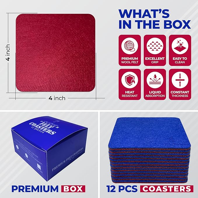 A&A Wonders Premium Felt Coasters for Drink, Two-Tone Reversible, Absorbent Felt Protects Furniture, Table, Anti Slip, Suitable for Drinks & All Table Types (Wine Red/Royal Blue, Square 12 Pack)