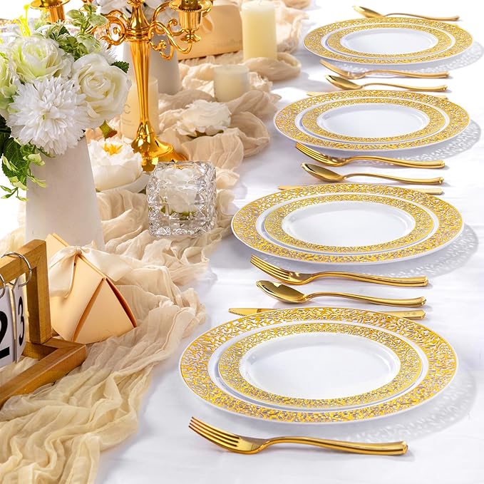 I00000 200 Pieces White and Gold Plastic Plates, Disposable Plastic Plates for 100 Guests Include: 100 Pcs Dinner Plate 10.25” and 100 Pcs Dessert Plate 7.5” with Gold Lace Rim Perfect for Party