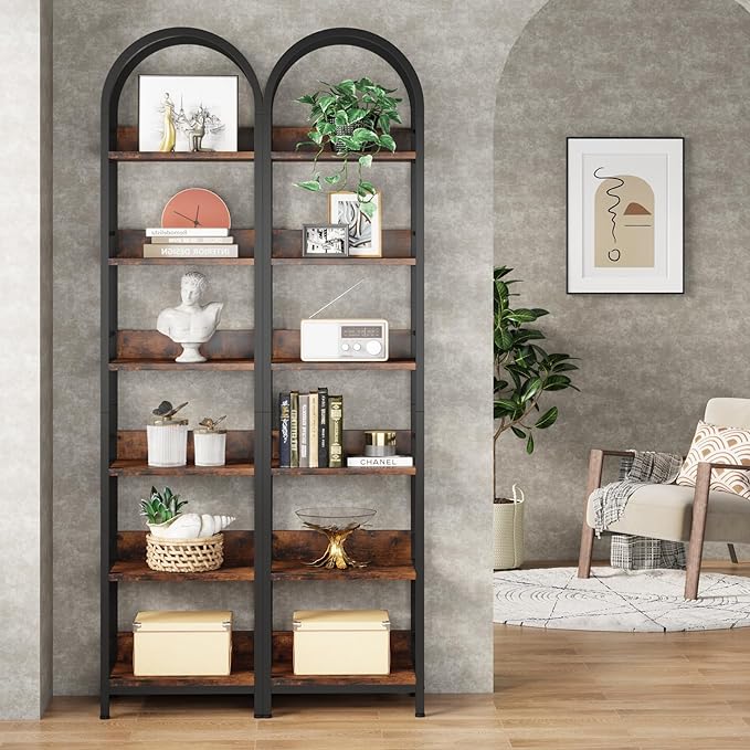 LITTLE TREE Bookshelf Set 2, Skinny 78.7 Inches Tall Arched Bookshelf, 6 Tiers Brown Open Bookcase with Black Metal Frame, Freestanding Corner Display Shelves Rack for Living Room, Home Office