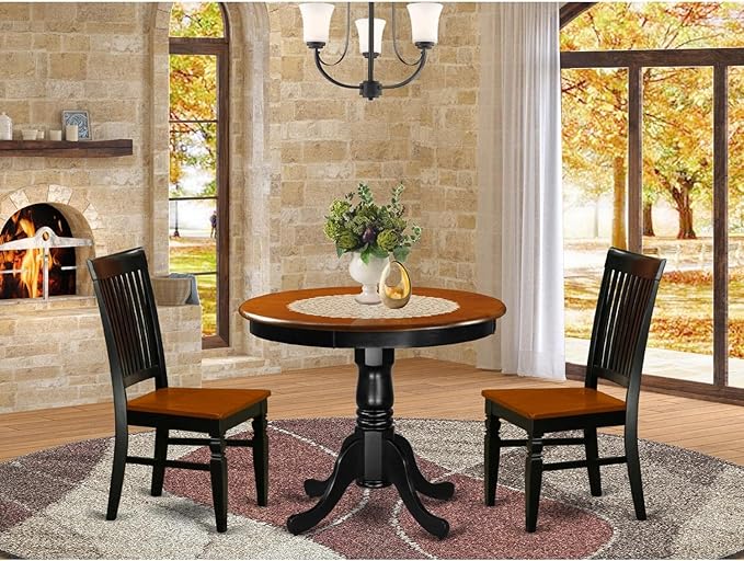 East West Furniture ANWE3-BCH-W 3 Piece Dining Set Contains a Round Dining Room Table with Pedestal and 2 Wood Seat Chairs, 36x36 Inch, Black & Cherry