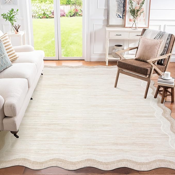 GarveeHome Modern Rug for Living Room 9x12 Large Scalloped Carpet, Non-Shedding Contemporary Easy Cleaning Mats, Solid Color Beige Indoor Rug for Office, Dining Room, Playroom, Bedroom
