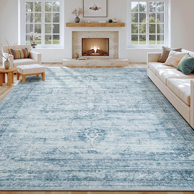 9x12 Area Rug for Living Room Bedroom Dining Room, Large Washable Soft Faux Wool Carpets, Neutral Retro Aesthetic Non-Skid Stain Resistant Blue Rugs for Kids Room