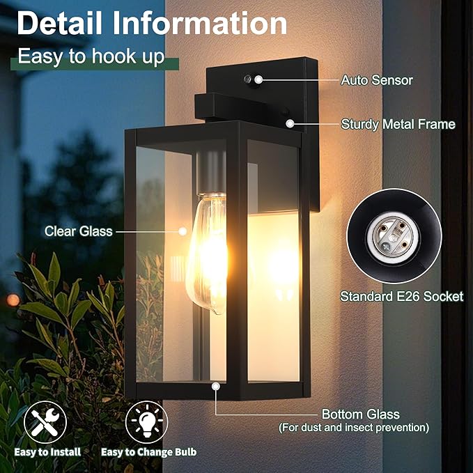 Dawn to Dusk Outdoor Sensor Light Fixture Waterproof Porch Lights Anti-Rust Exterior Wall Lighting Outdoor Wall Lantern for Patio Front Door Garage House -2 Pack