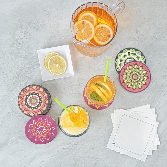 Restaurantware Paper Bar Coasters 48 Count 3.5 Inch Super Absorbent Beverage Coasters Pulpboard Assorted Design Drinkware Coasters Durable Paper Round Assorted