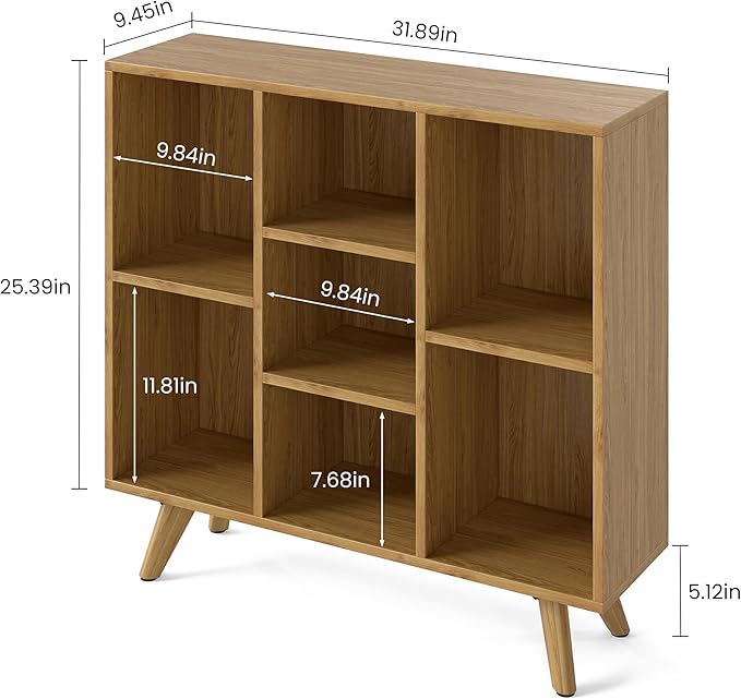 Manora Bookshelf with 7 Open Storage Cubes, Wooden Bookcase Organizer, Rustic Modern Display Shelf for Living Room, Bedroom, Office