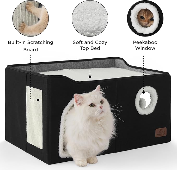 Bedsure Large Cat Beds for Indoor Cats - Extra Wide Cat Cube House for Small Pet with Fluffy Ball Hanging and Scratch Pad, Foldable Pet Cave Hideaway for Multiple Cats, 23.6x16.9x13 inches, Black