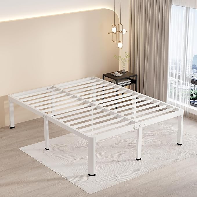 MAF 18 Inch Queen Size Bed Frame White with Round Corner Legs Mattress Slide Stopper No Box Spring Needed Heavy Duty Metal Platform Bed Frames Under-Bed Storage Space, 3000 LBS Steel Slats Support
