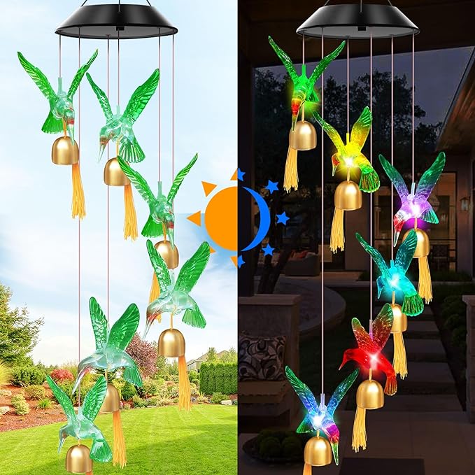 Solar Wind Chimes Outdoor Color Changing Lights, Gift for Women Mom Grandma Sister Best Gifts, Wind Chimes Unique Outdoor Garden Yard Decor (Green Hummingbird Bell)