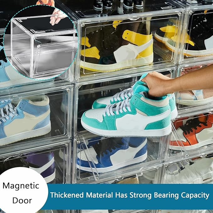 12 Pack Shoe Boxes, Clear Acrylic Stackable Plastic Sneaker Box Container, Magnetic Drop & Side Open Shoe Organizer Case Container With Lids Fits Up to Size 14 (Crystal Clear)