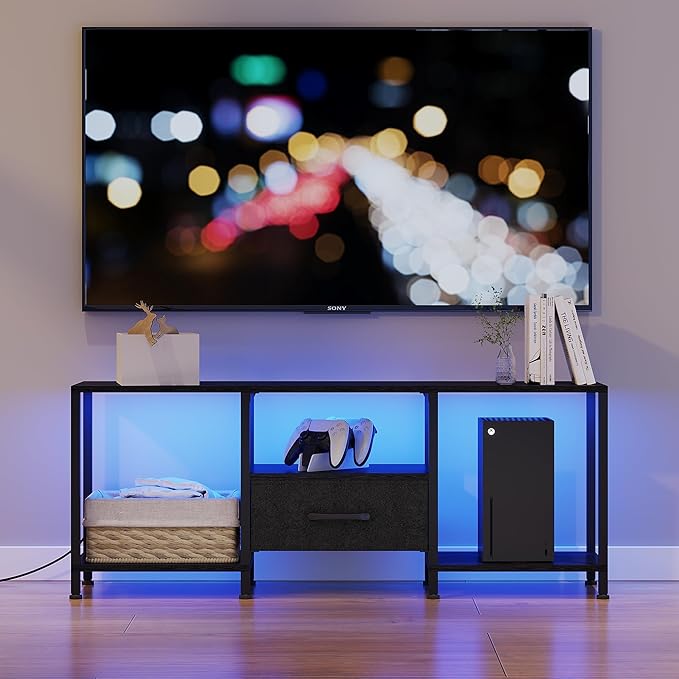 TV Stand with LED Lights, Entertainment Center with Open Shelves and Fabric Drawer, Media Console for 55 Inch TV, Television Stands for Living Room, Bedroom, Black