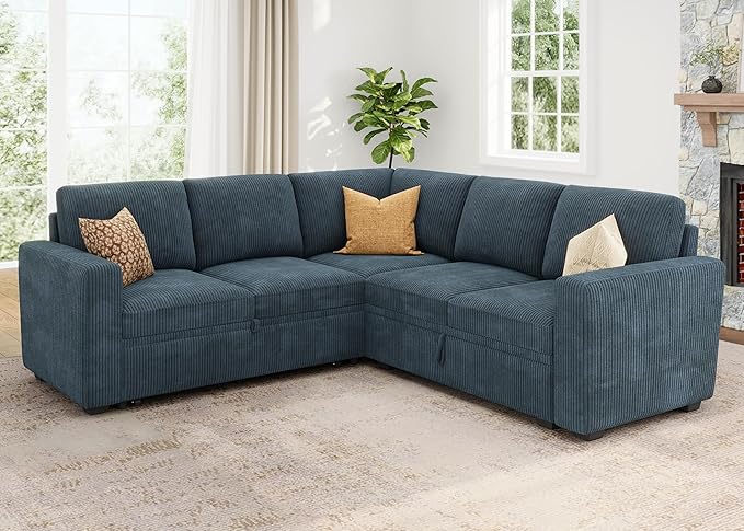 HONBAY Modular Sectional Sleeper Couch with Pull Out Bed, Corduroy L Shaped Sofa with Storage, Convertible Sectional Couches for Living Room, Blue