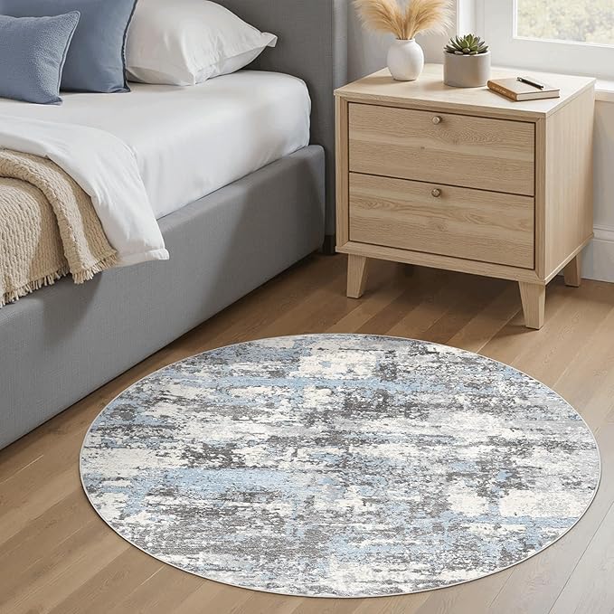 4ft Round Area Rugs for Living Room: 4x4 Abstract Washable Rug Modern Large Soft Stain Resistant Non-Slip Backing Machine Table for Bedroom Dining Room Indoor Home Office Carpet - Blue Grey
