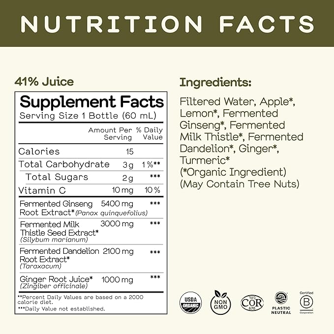 Greenhouse Juice Detox Wellness Shots Organic Immunity Shots Juice Liver Health Wellness + Anti-Inflammatory with Ginseng, Milk Thistle, and Dandelion Vegan & Gluten-Free (2 Oz, Pack of 12)