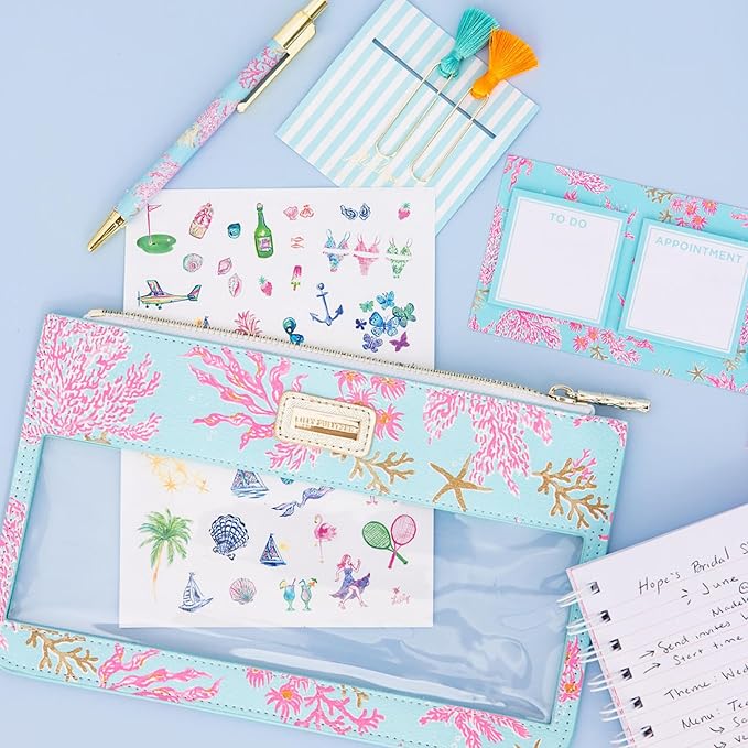 Lilly Pulitzer Pencil Case with Planner Accessories for Adults, Agenda Bonus Pack Includes Stickers, Click Pen, Mini Notepads, Bookmarks, and Zipper Pouch (Royal Coral)