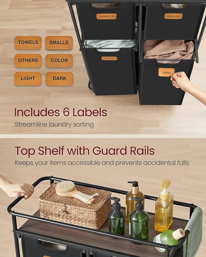 VASAGLE Laundry Sorter, Laundry Hamper with Wheels, 39.6 Gal. (150 L) Portable Rolling Cart Baskets with Shelf, 4 Removable Liners and 6 Labels, Ink Black and Chestnut Brown URLS100B01