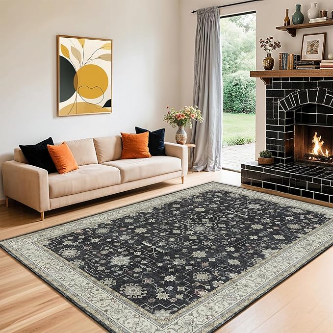 LBRO2M Black Washable Rugs 5X7 for Living Room Bedroom Vintage Non Slip Rugs Easy Clean, Low Piles Stain Resistant Carpet Distressed Area Rug Great for Pets and Family (5'X7' Charcoal Black)